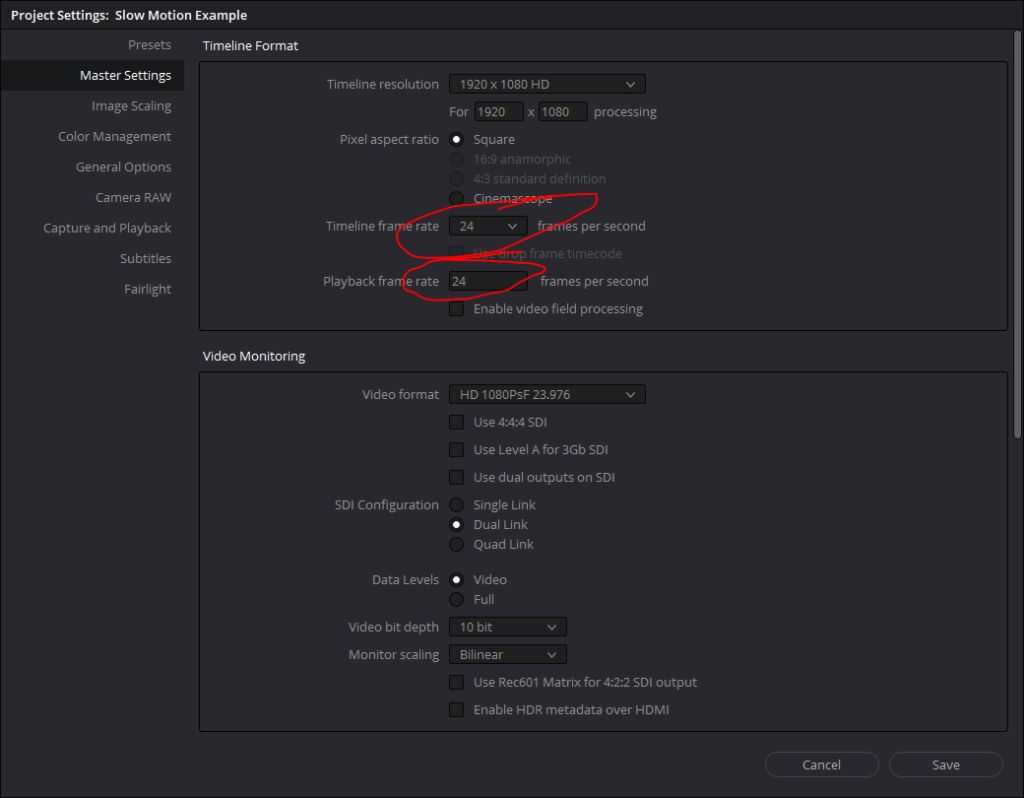 Project settings for slow motion videos